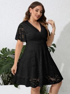 Plus Size Contrast Lace V Neck Ruffle Hem Midi Dress; Women's Plus Medium Stretch Elegant Bridal Wedding Dress