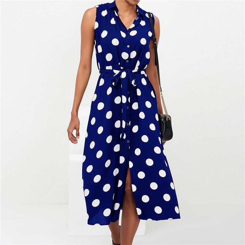 New Dress Sleeveless Polka Dot High Waist Lace-up Women's Chiffon Dress