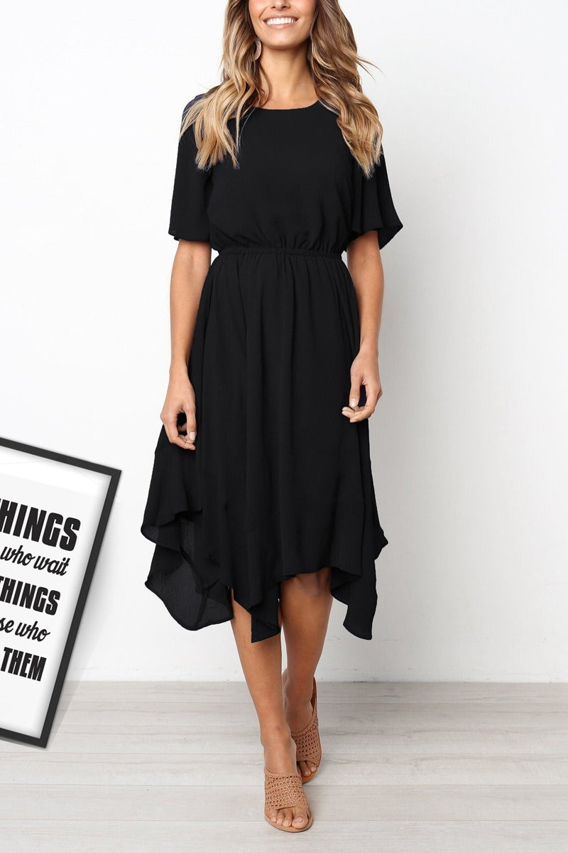 Solid Color Temperament Irregular Elastic Waist Round Neck Sleeve Dress