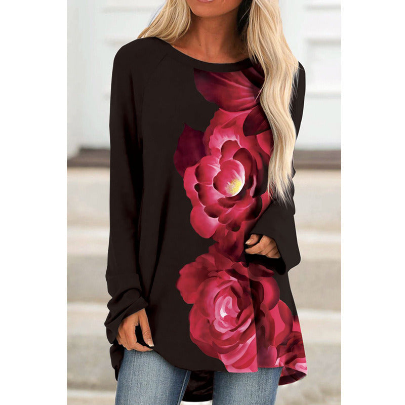 Women's Printed Round Neck Long Sleeve Loose T-Shirt Women's Top