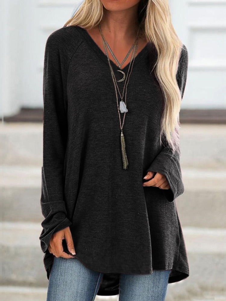 Autumn Hot Sale Solid Color Casual Large Size V-neck Loose Long-sleeved Pullover T-shirt Mid-length