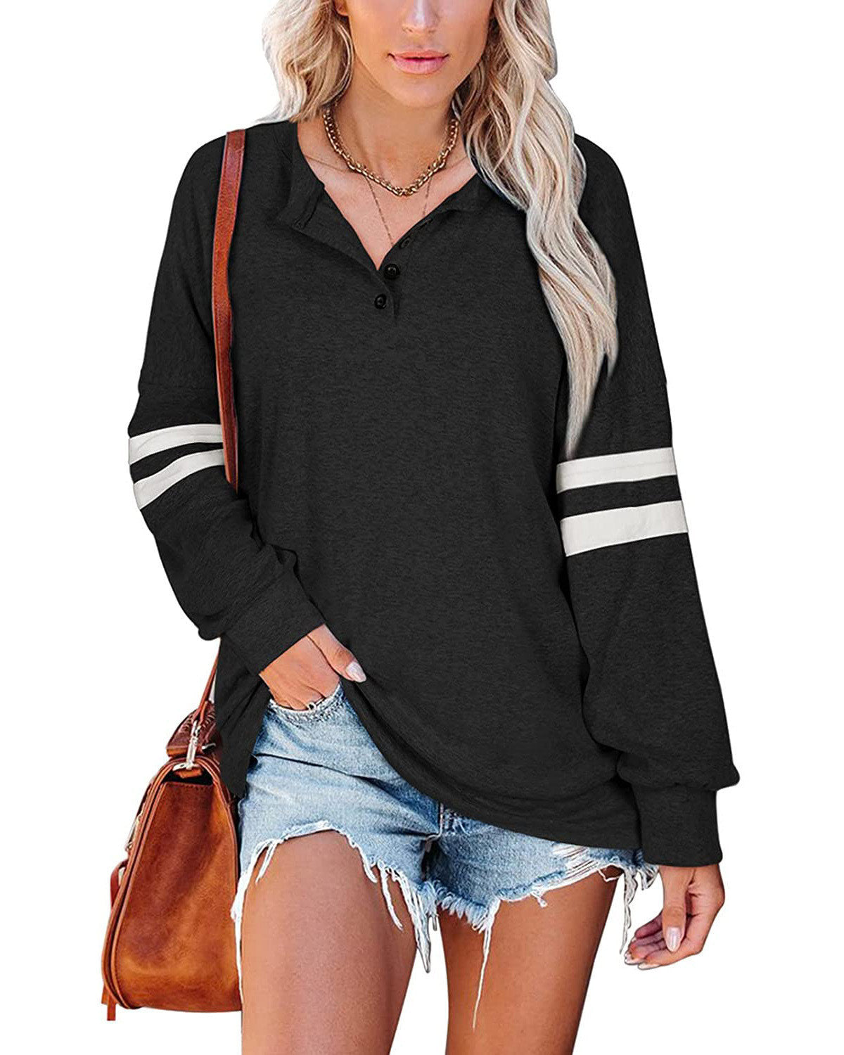 Autumn and Winter New Women's Striped Long-sleeved V-neck T-shirt Sweater