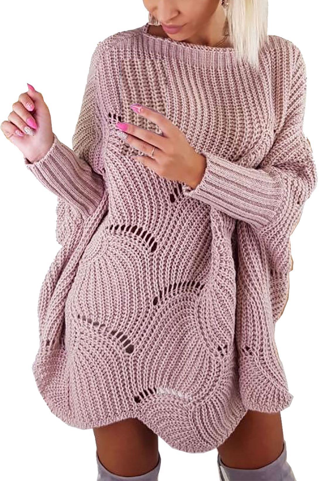 Women Fashion Casual Plus Size Pure Color Hollow Out Bat Sleeve Loose Sweater Autumn Tops