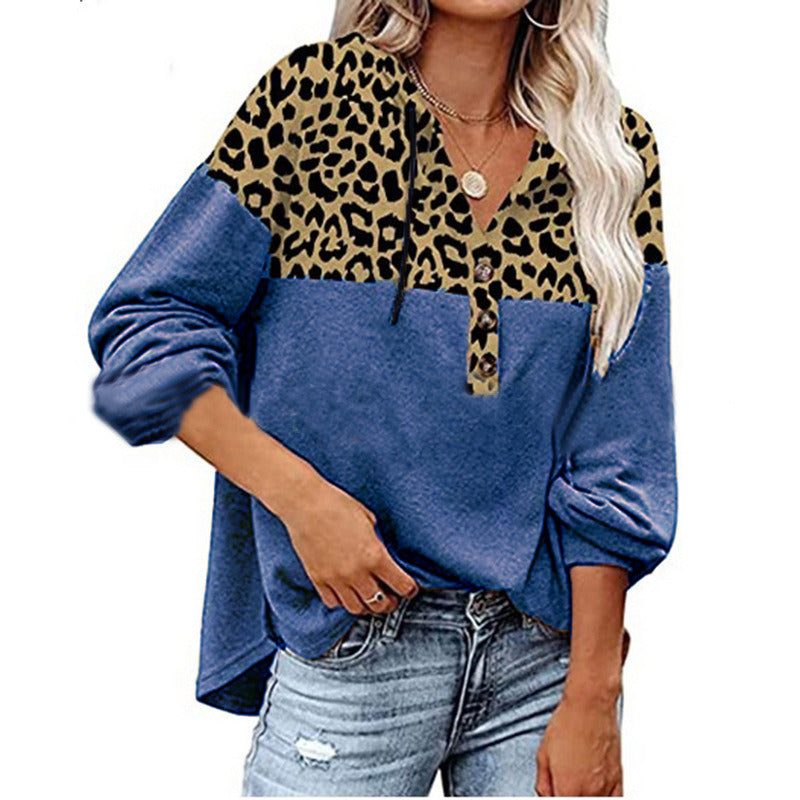 Women's Autumn and Winter Leopard Print Stitching Loose Casual Long-sleeved Hooded Sweater