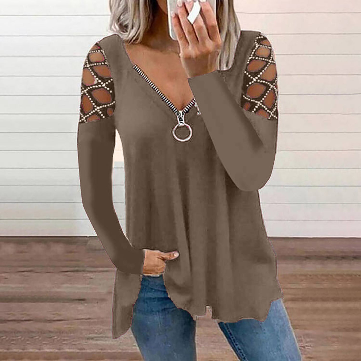 Fall/Winter New Fashion Women's V-neck Solid Color Hollow Sleeve Hot Rhinestone Casual Top Women's T-shirt