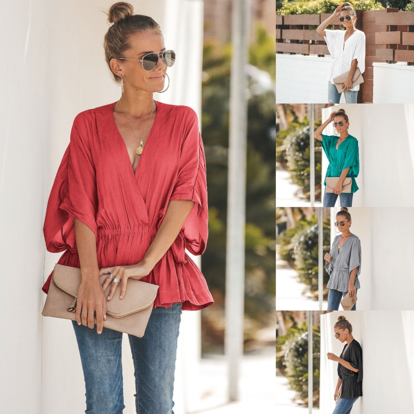 Spring New Loose Bat Sleeve V-neck Shirt Top