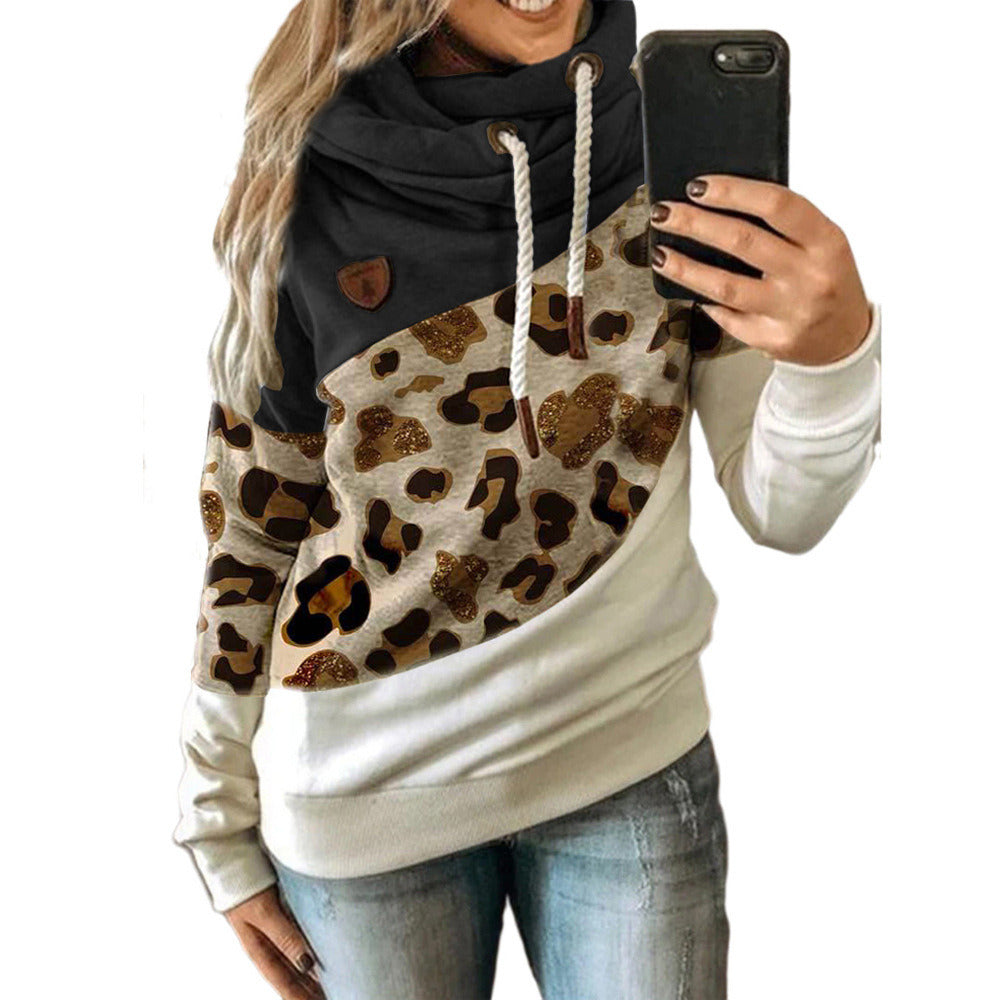 New Women's Clothing Printed Stitching Hooded Fleece Loose Sweater