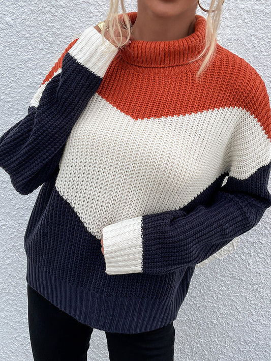 The New Winter Ladies Commuter Temperament High-neck Color-block Wool Knit Long-sleeved Sweater