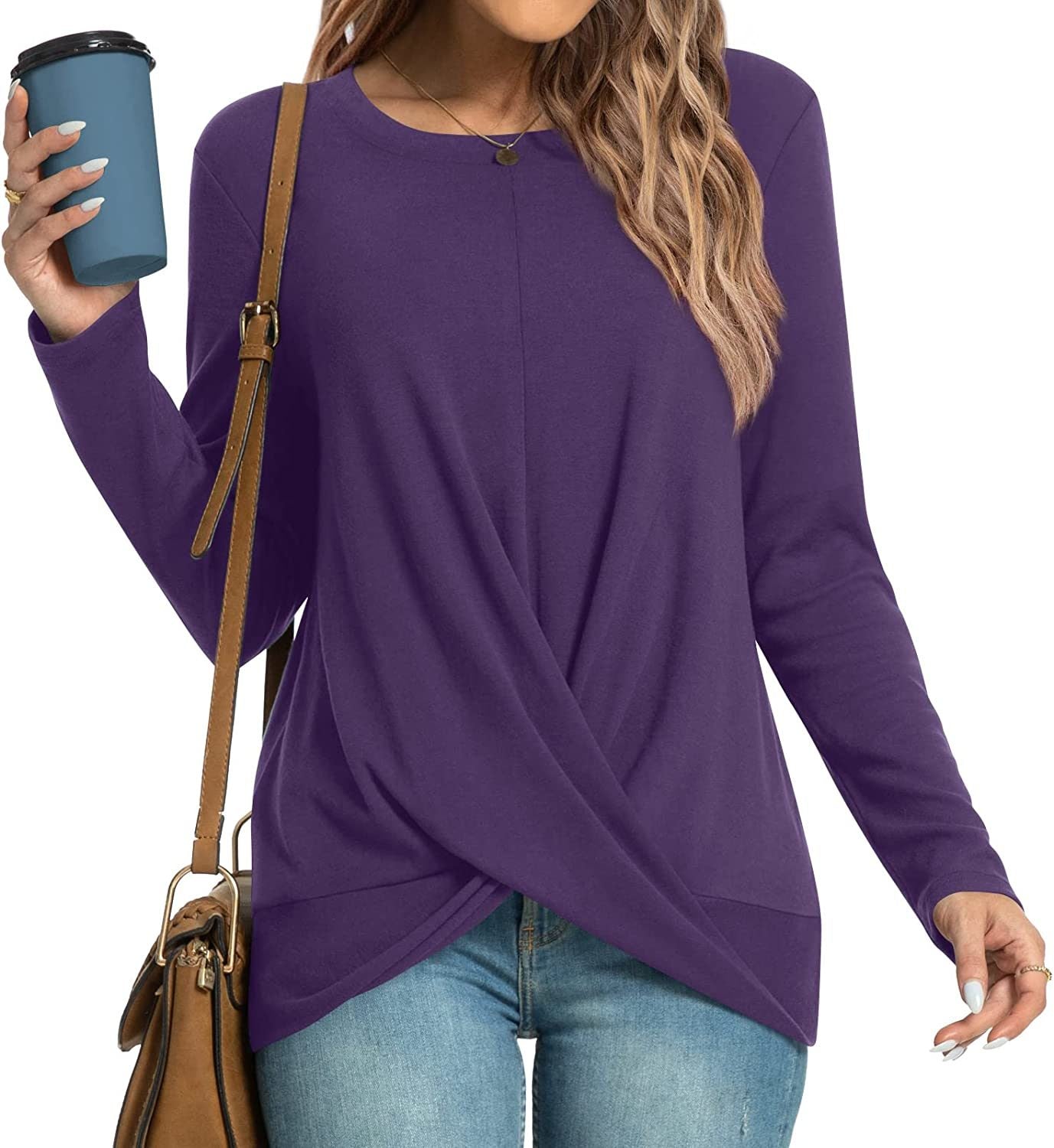 Women's Winter Fall Tunic Tops Long Sleeve Casual T-Shirts Front Twist Crewneck Blouse For Leggings