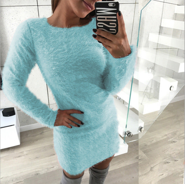 Women's autumn and winter new long long sleeve round neck plush dress