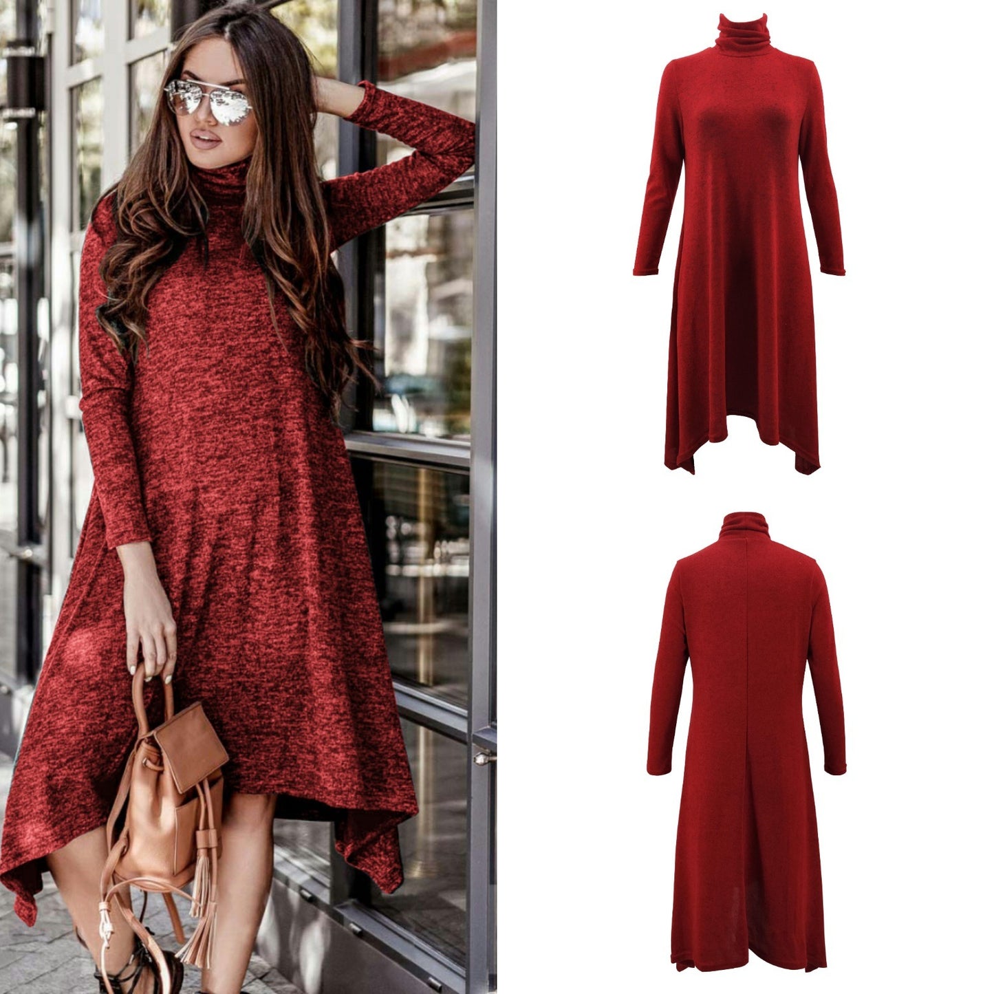 New Autumn Hot Women's High Collar Long Sleeve Solid Color Dress