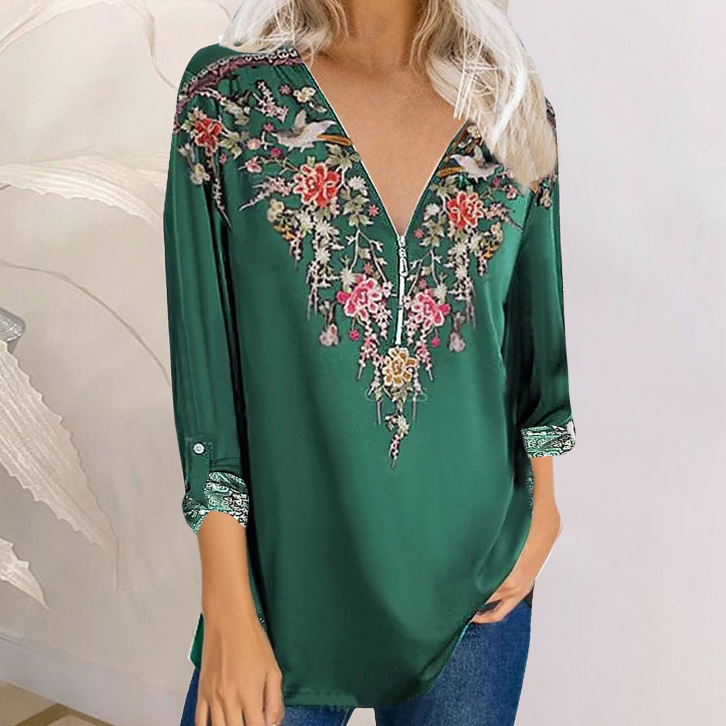 Autumn New Women's Printed Temperament Ethnic Style Long-sleeved V-neck Blouse