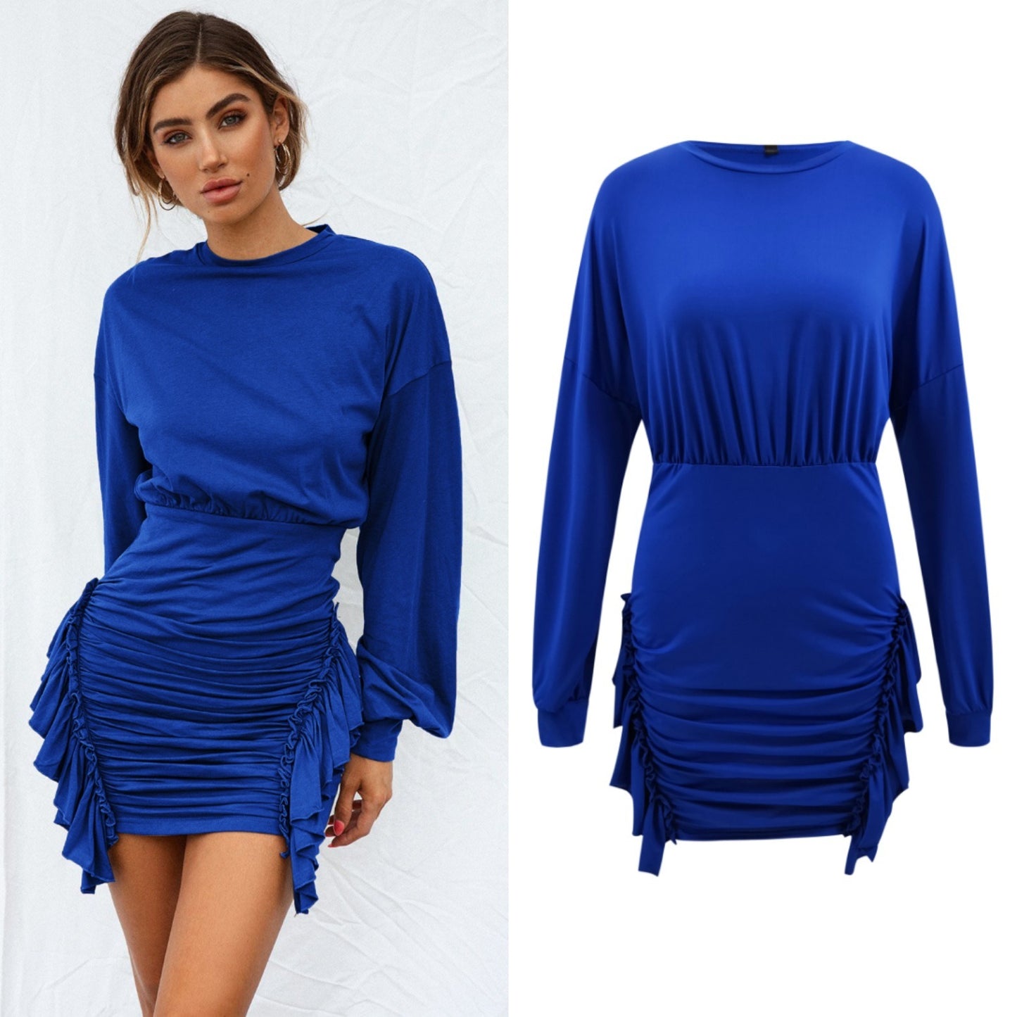 Spring and Summer New Women's Round Neck Long Sleeve Pleated Irregular Dress