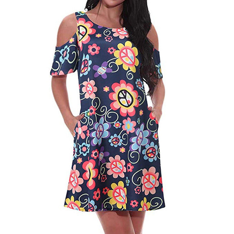 New Women's Short-sleeved Strapless Women's Big Pendulum Printed Dress