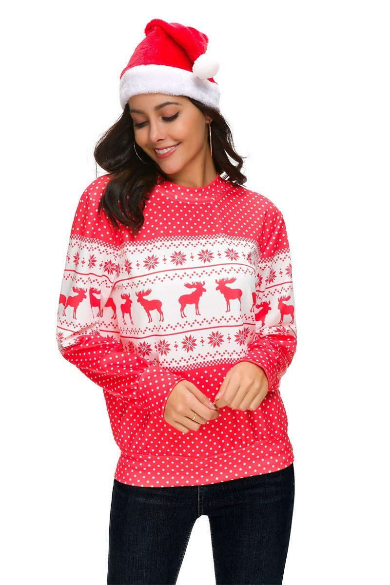 Christmas round neck polka dot Christmas deer print long-sleeved T-shirt sweater