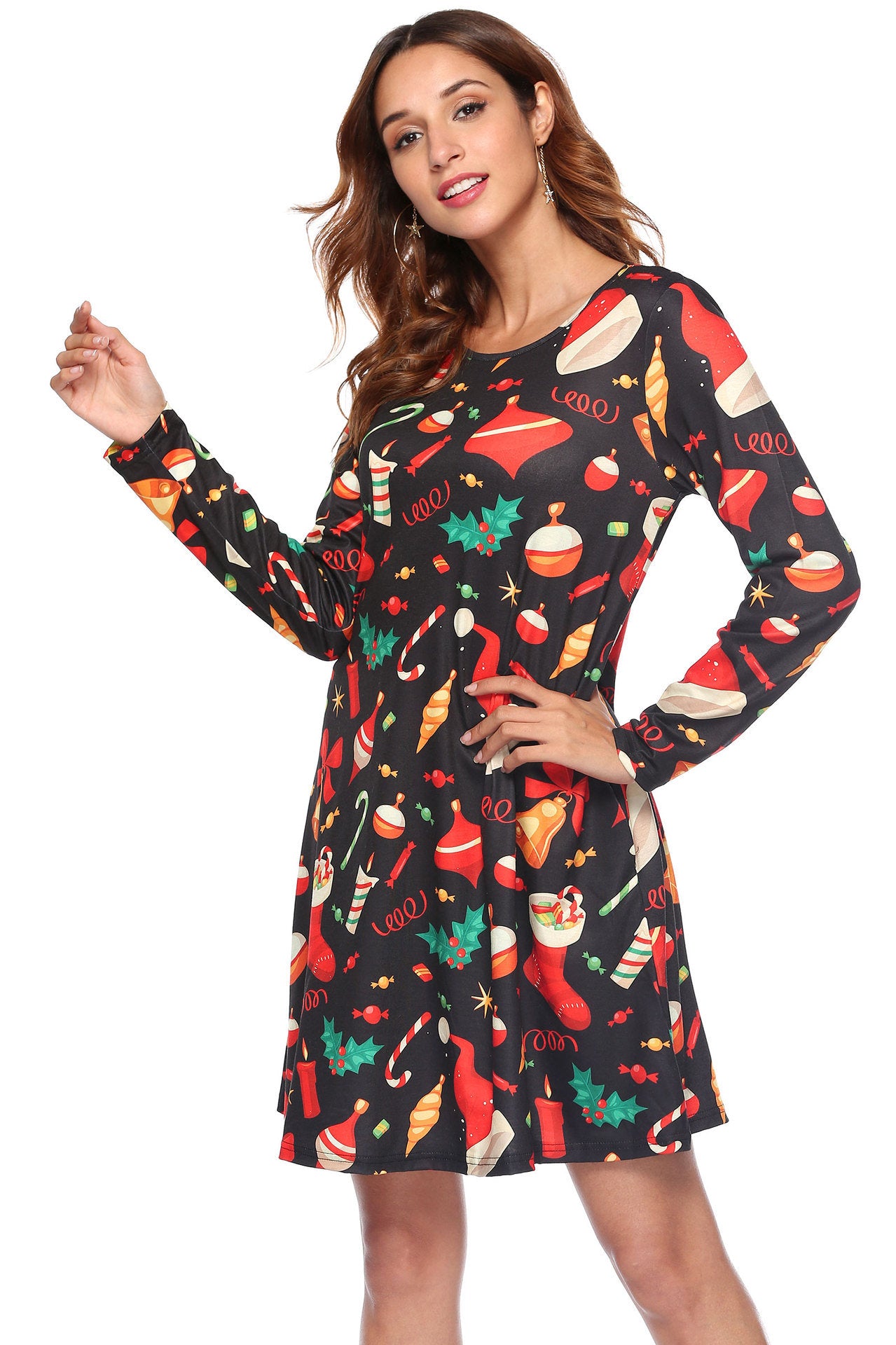 autumn and winter new European and American Christmas dress women's printed A word pocket dress