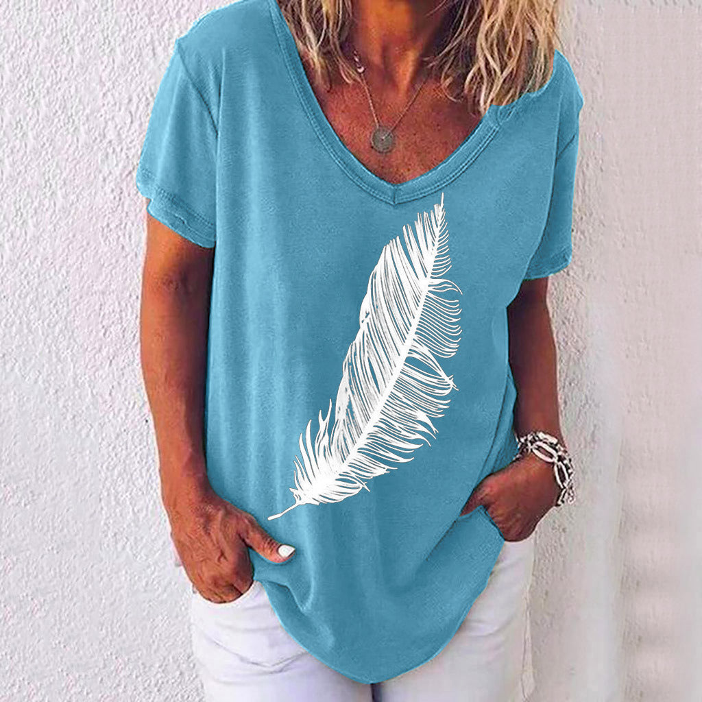 Women's summer new V-neck leaves printed short-sleeved T-shirt