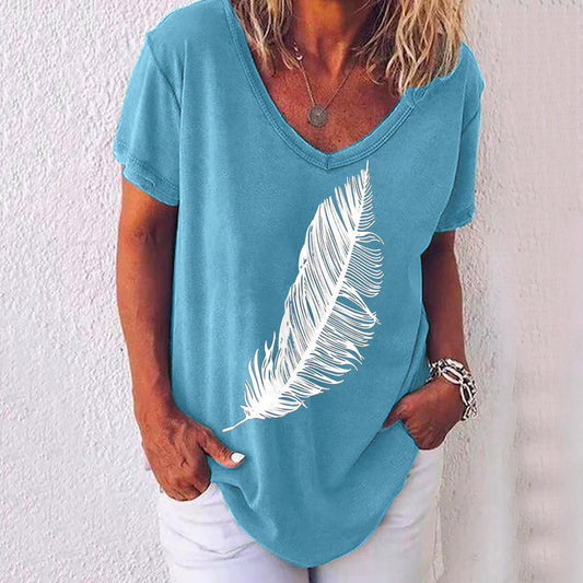 Women's summer new V-neck leaves printed short-sleeved T-shirt