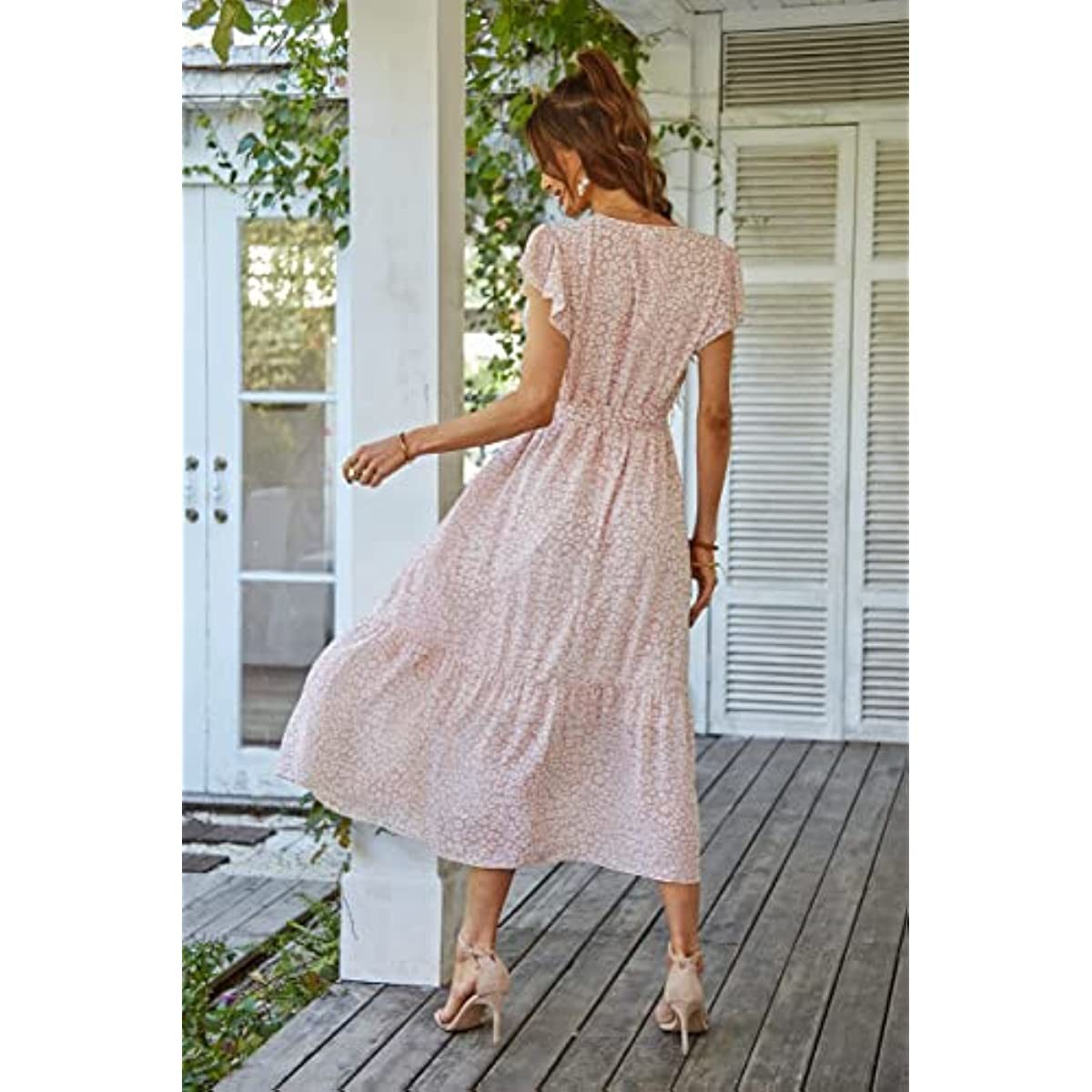 Women's 2023 Floral Summer Dress Wrap V Neck Short Sleeve Belted Ruffle Hem A-Line Bohemian Maxi Dresses