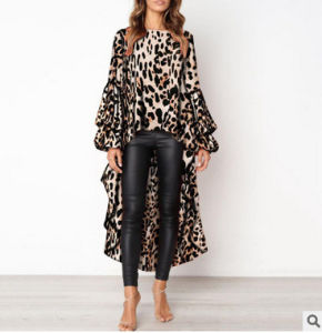 Hot Spring and Autumn Sexy Leopard Print Long Sleeve Irregular Women Dress