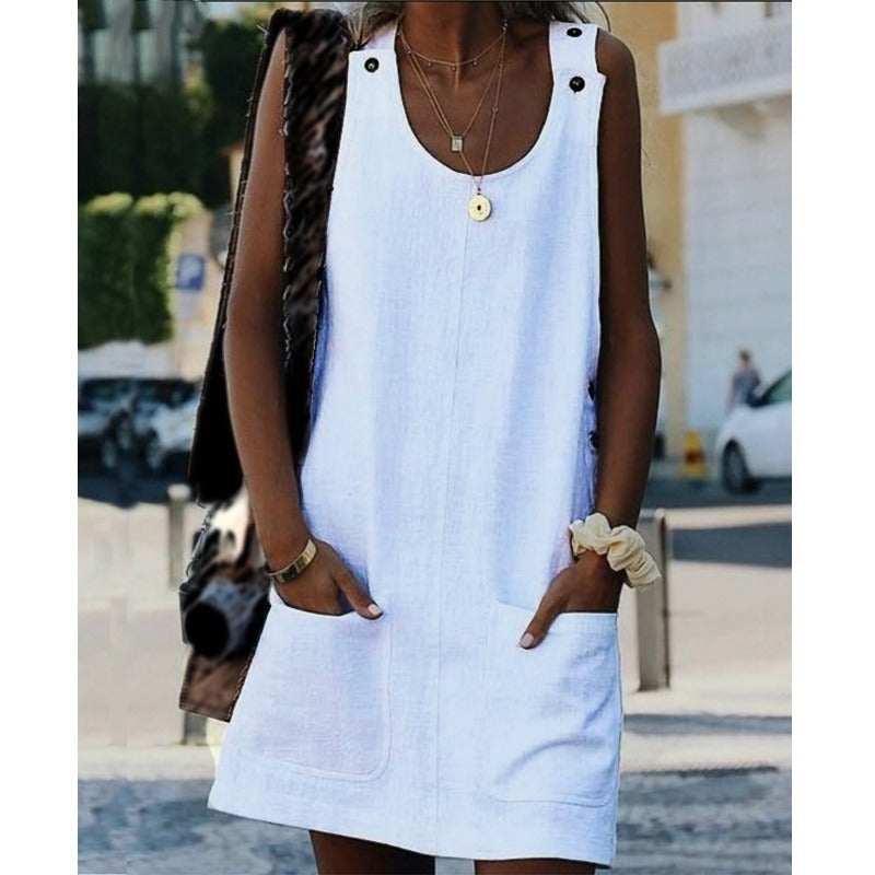 Summer New Women's Pocket Button Cotton and Linen Strap Button Dress