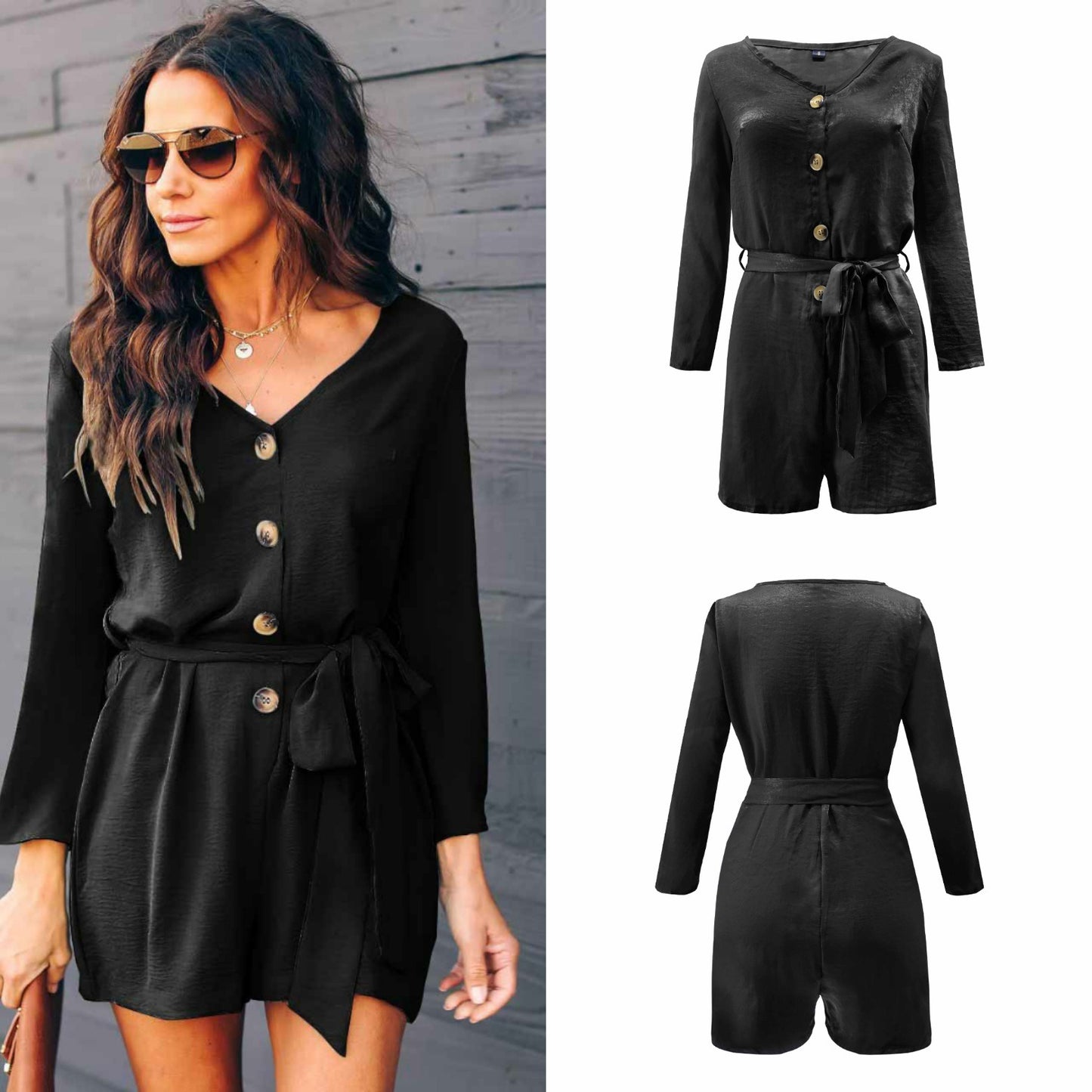 Summer New Women's Long-sleeved V-neck Casual Jumpsuit