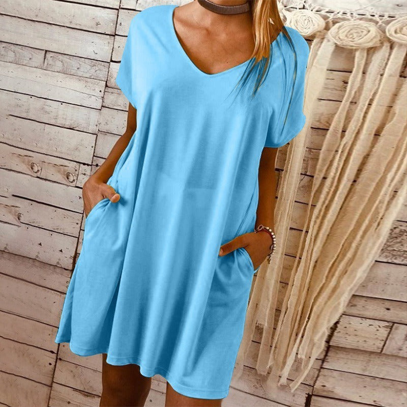 new European and American women's short-sleeved large size solid color V-neck pocket dress