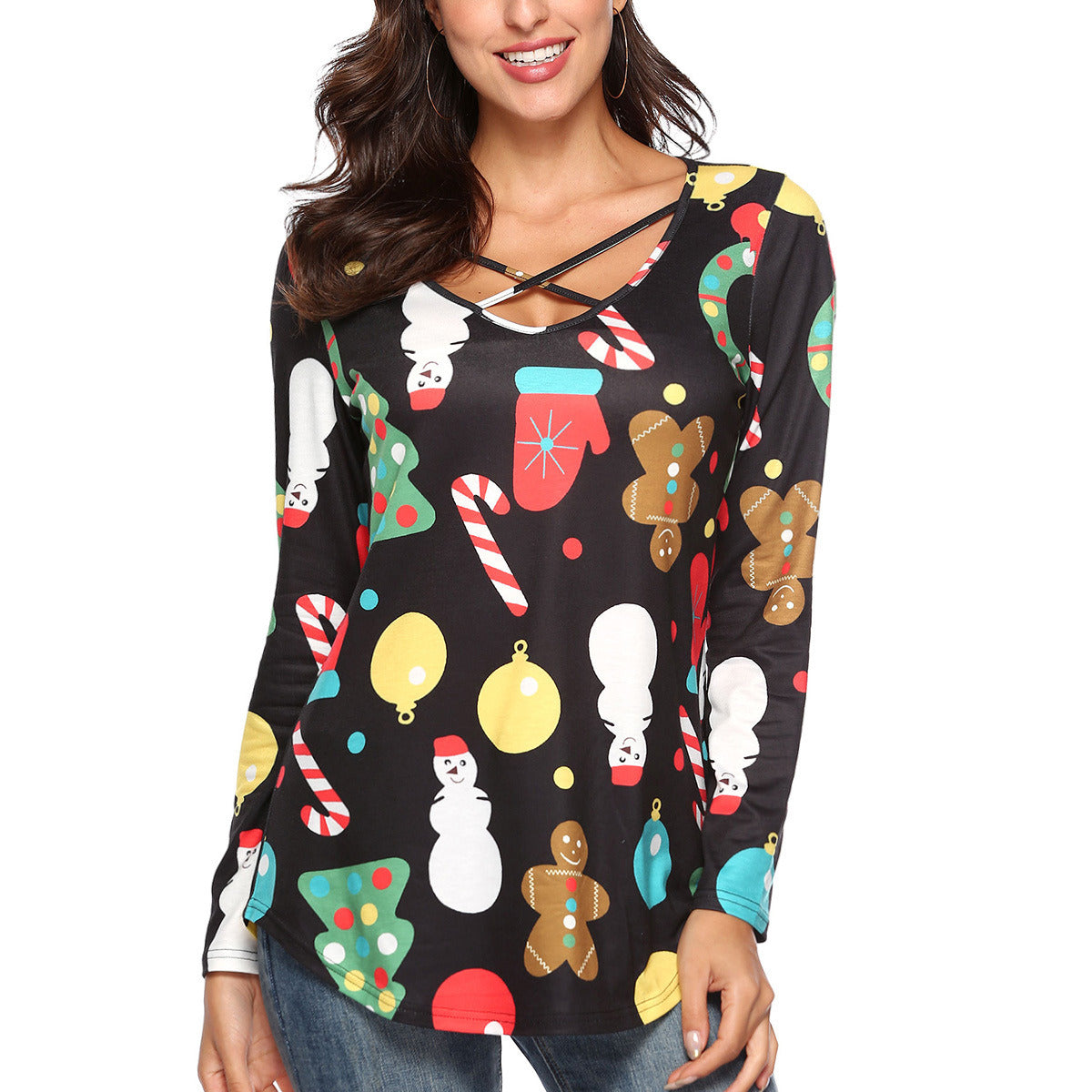 European and American Christmas T-shirt women's Christmas snowman print long-sleeved shirt