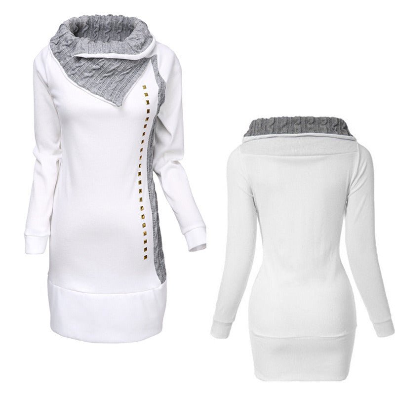 New Ribbed Knit Head Pullover High Neck Long Sleeve Buttoned Decorative Slim Warm Sweater Dress Roll Pull