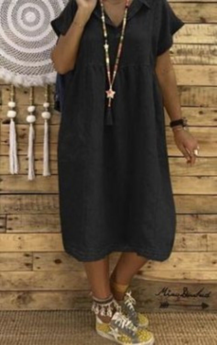 Summer Large Size Women's Loose Short-sleeved Solid Color Cotton and Linen Dress