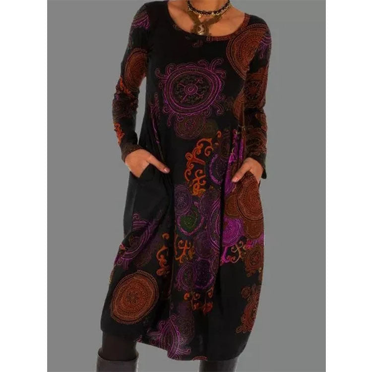 2021 Autumn Hedging Print Ethnic Dress Women New Fashion Splice O-Neck Long Sleeve Pockets Mid Dresses Female