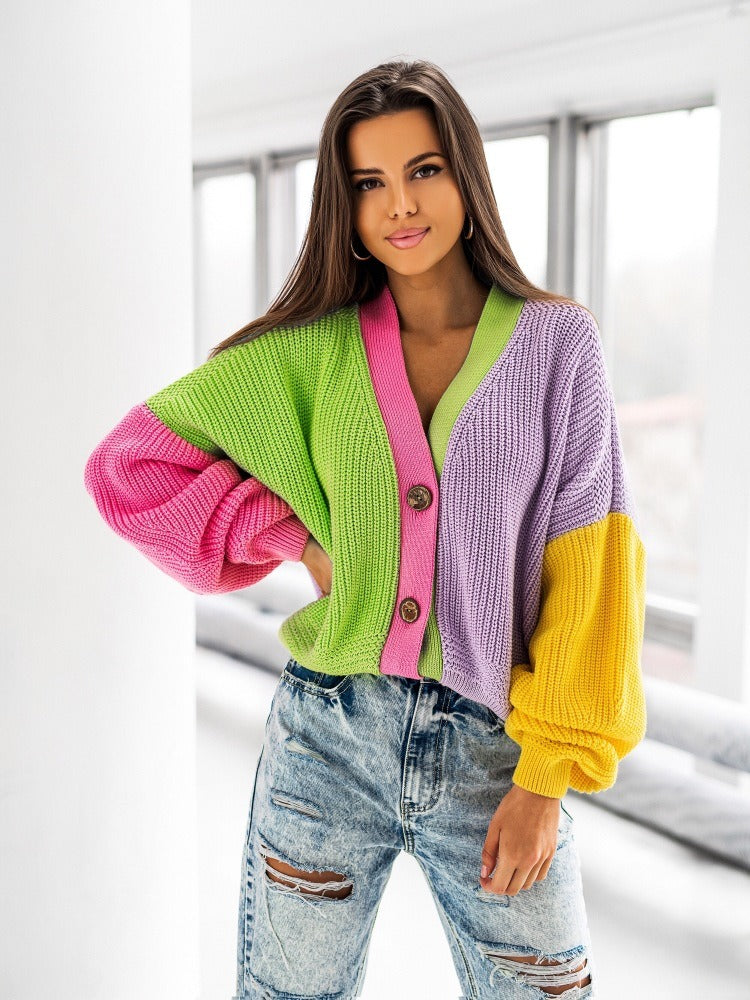 The New Winter Hot Sale Casual Color Matching Bright Women's Woolen Long-sleeved Cardigan