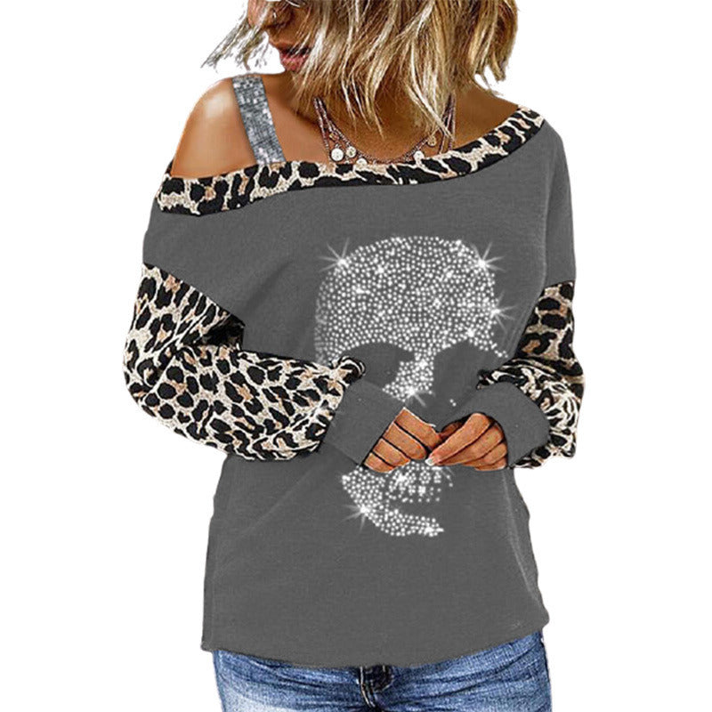 Autumn and Winter New Women's Top Leopard Print Stitching Strapless Hot Diamond Glittering Long-sleeved T-shirt