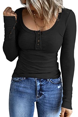 Women's Long Sleeve Shirts Casual Fall Henley Top Button Down Blouses Basic Ribbed Knit T Shirts