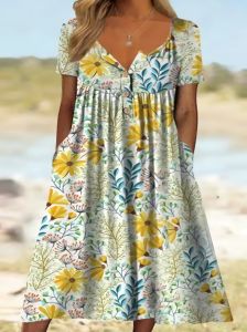 Plus Size Elegant Dress; Women's Plus Floral Print Short Sleeve Button Up Notched Neck Dress With Pockets