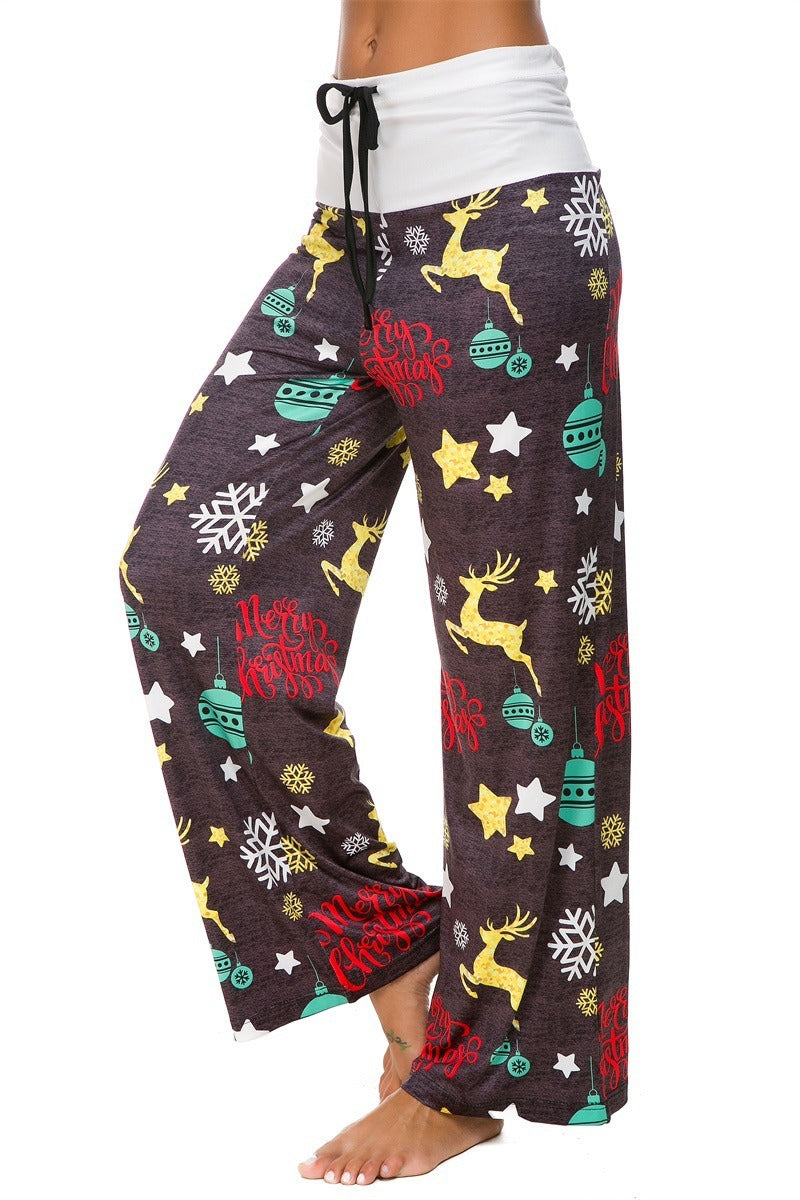 Christmas Snowflake Elk Print Stitched Casual Wide Leg Pants