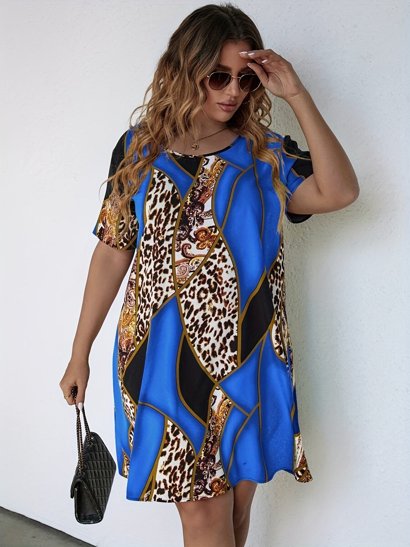 Plus Size Elegant Dress; Women's Plus Colorblock Paisley Print Short Sleeve Round Neck Knee Length Dress