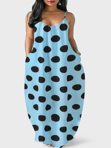 Plus Size Casual Dress; Women's Plus Dot Print V Neck Cami Maxi Dress With Pockets