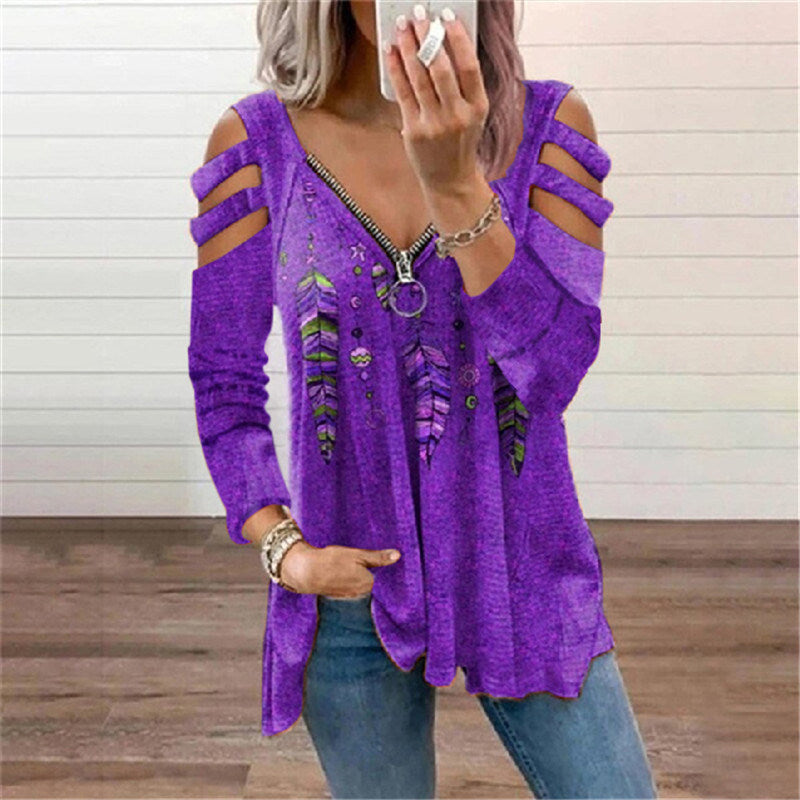 Fall/winter Women's Clothing Zipper Pull Print Long-sleeved Loose T-shirt Women's Top