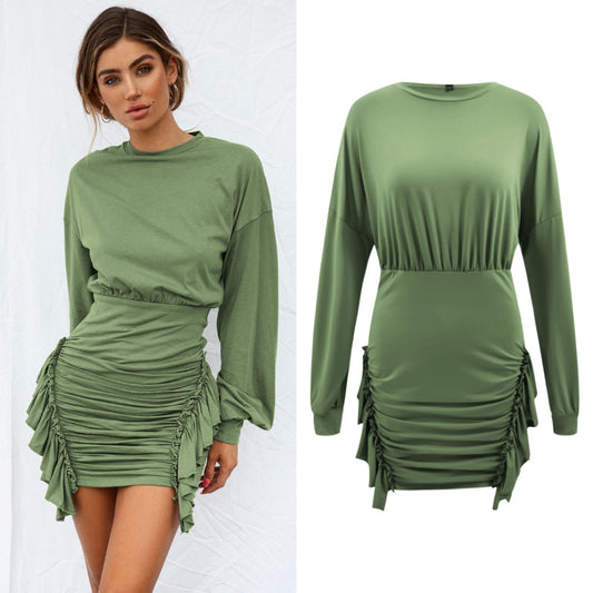 Spring and Summer New Women's Round Neck Long Sleeve Pleated Irregular Dress