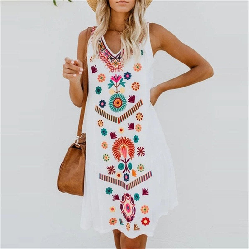 summer new women's V-neck print vest sleeveless loose dress