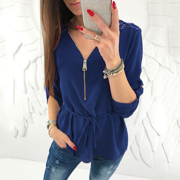 autumn sexy lace solid color long-sleeved V-neck zipper chiffon shirt top