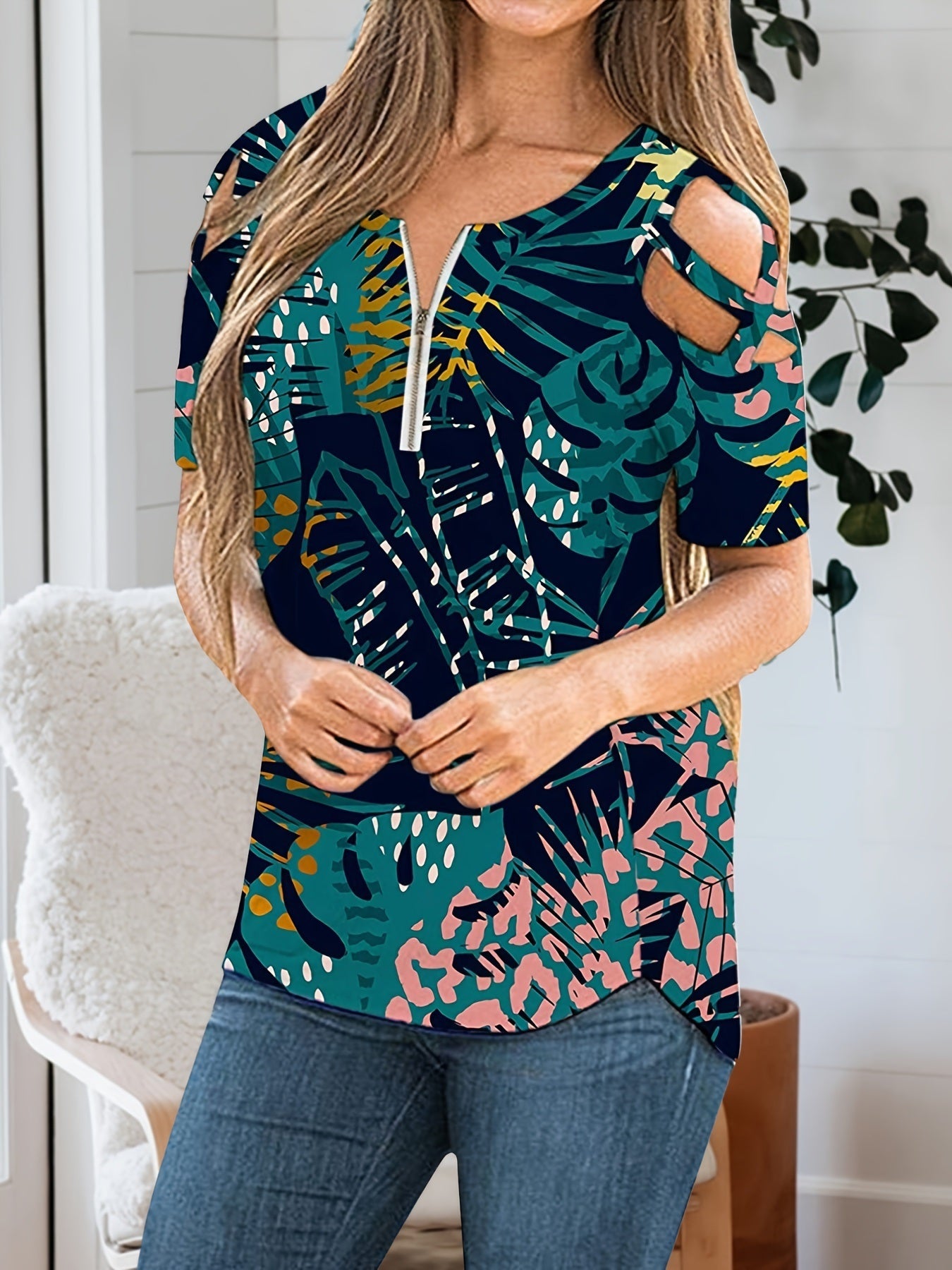 Tropical Print Short Sleeve Shirt; Zip Up Cold Shoulder Casual Top For Spring & Summer