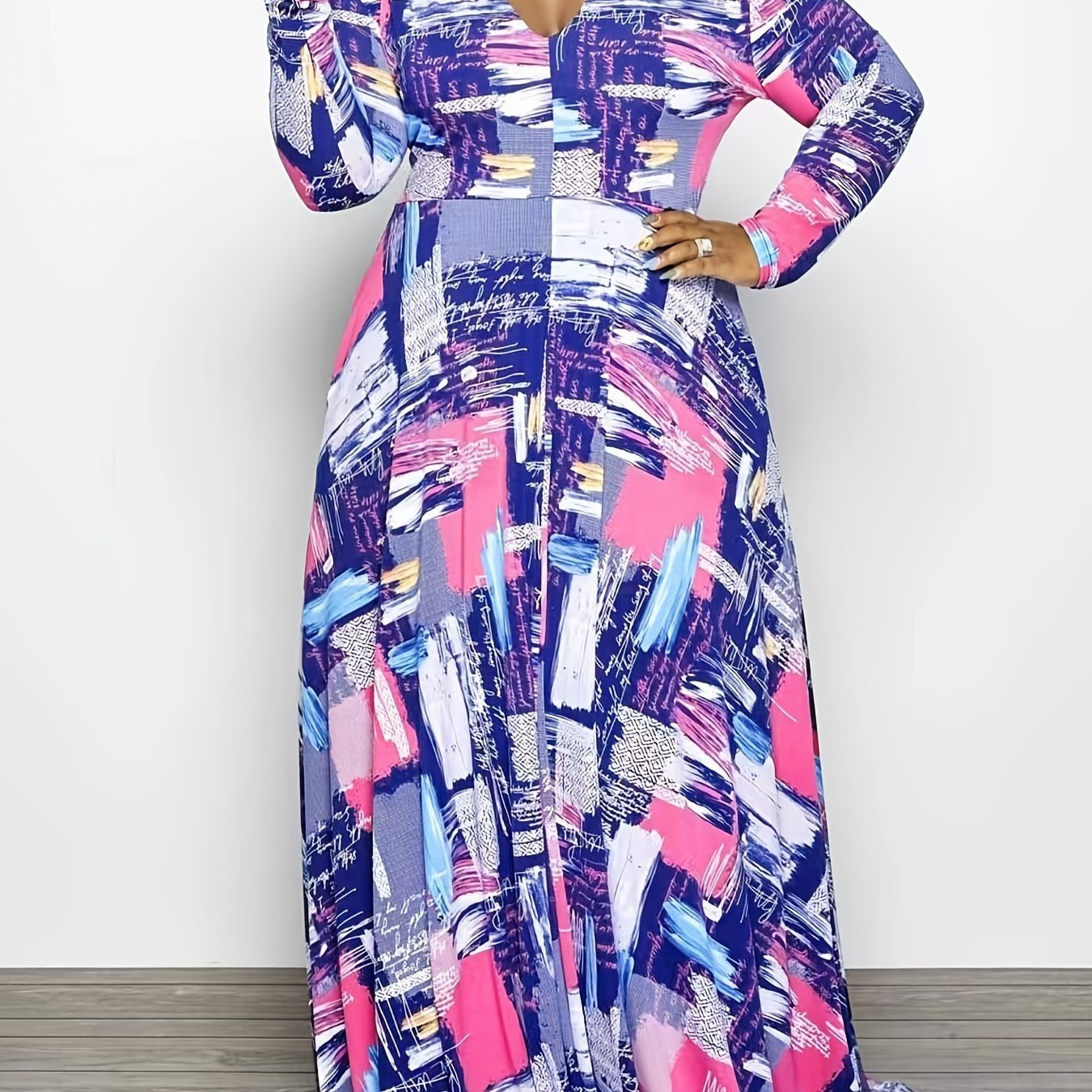 Plus Size Colorblock V Neck Long Sleeve Maxi Dress; Women's Plus Elegant High Stretch Long Dress