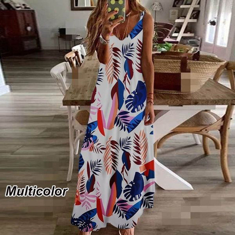 New summer women's dress print holiday dress suspenders long skirt Indian style swing skirt