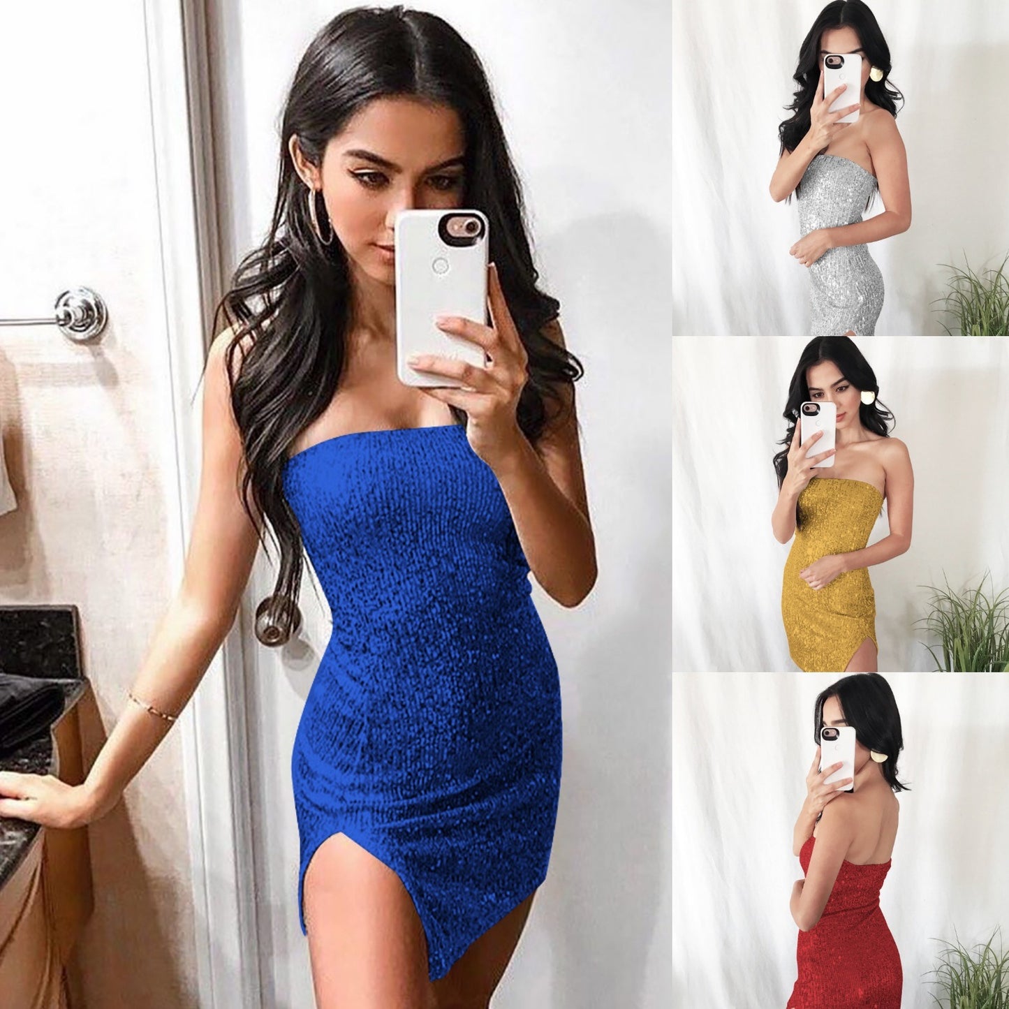 New Women's Tube Top Open Back Slit Skirt Sequin Dress