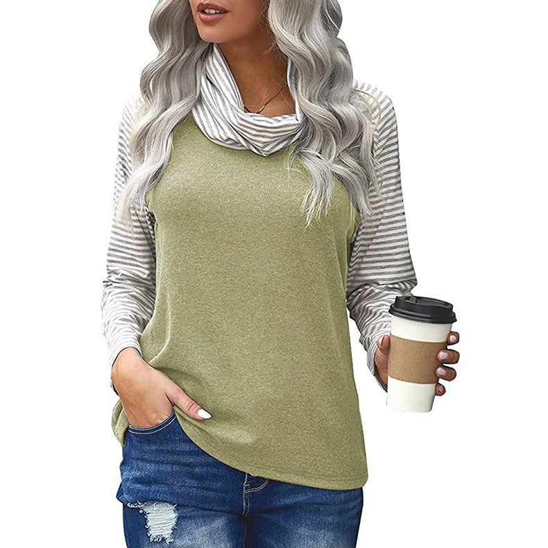 Women's Stitching Long Sleeve Stack Neck Top Striped Sleeve Printed T-Shirt