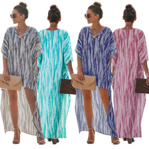 summer European and American women's V-neck bat sleeve tie-dye short short long irregular hem dress