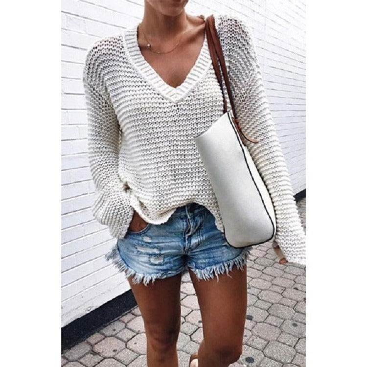 Women V-neck Sweater Knitting Warm Long Sleeve Loose Casual Sexy Top