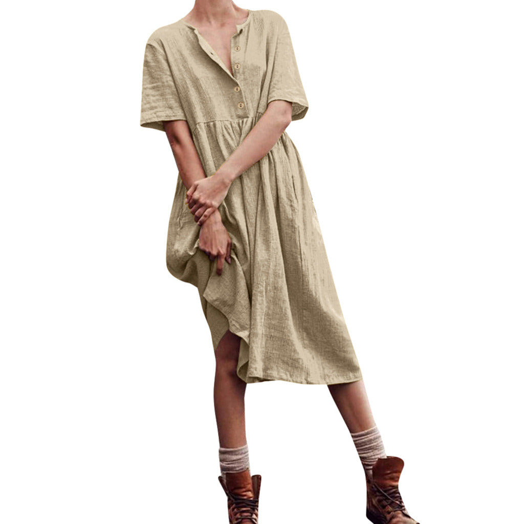 New Women's Solid Color Short-sleeved Cotton and Linen Button Slimming Dress Big Swing Skirt